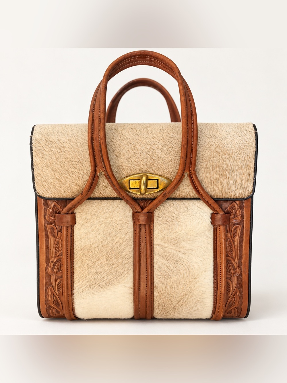 Vintage cream Haircalf Satchel Tooled Leather Purse Western Cow